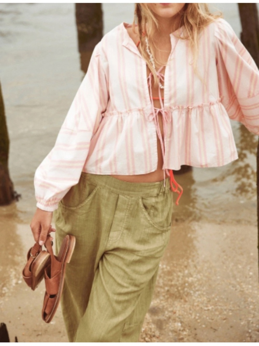 Free People stripe brunch babe puff sleeve tie front blouse